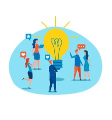 Cartoon People Characters Discuss and Analyzing New Idea Standing by Burning Metaphor Light Bulb. Teamwork, Smart Team, Startup, Business Solution in Social Media Marketing. Vector Flat Illustration
