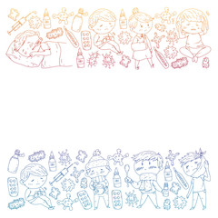 Vector pattern with little children. Illustration of Child diseases, flu, illness