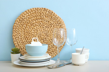 a set of tableware on the table. Composition in the style of minimalism from the kitchen utensils.