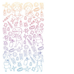Vector pattern with little children. Illustration of Child diseases, flu, illness