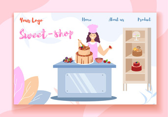 Sweet Shop Horizontal Banner. Happy Smiling Woman in Pink Apron and Chef Cap Decorating Beautiful Festive Cake with Fruits and Berries. Creative Hobby, Workshop Class Cartoon Flat Vector Illustration