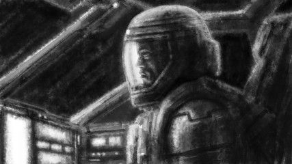 Cosmonaut sitting in cabin of spaceship.