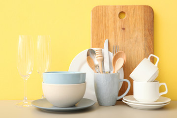 a set of tableware on the table. Composition in the style of minimalism from the kitchen utensils.