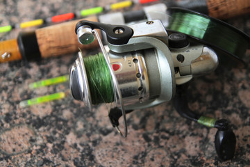  fishing equipment for fishing, spinning with a reel, fishing line, float and wobbler.