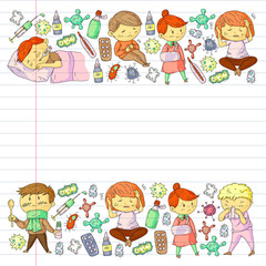Naklejka premium Vector pattern with little children. Illustration of Child diseases, flu, illness