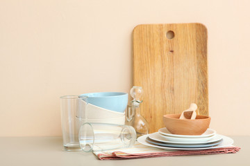a set of tableware on the table. Composition in the style of minimalism from the kitchen utensils.