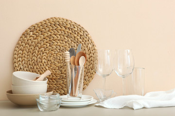 a set of tableware on the table. Composition in the style of minimalism from the kitchen utensils.