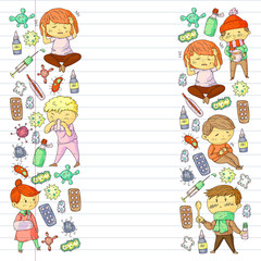Naklejka premium Vector pattern with little children. Illustration of Child diseases, flu, illness