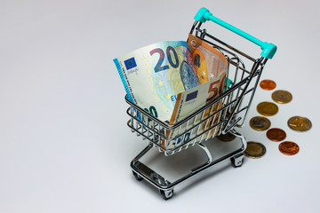 Shopping cart full of euro banknotes  on white background.