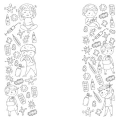 Fototapeta na wymiar Vector pattern with little children. Illustration of Child diseases, flu, illness