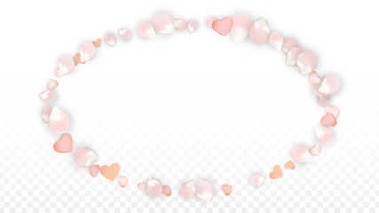 Obraz premium Vector Realistic Petals and Hearts Confetti. Flying Sakura and Hearts on Transparent Background. Wedding Invitation Background. Spring Romance Poster. Vector Illustration for Anniversary Design.
