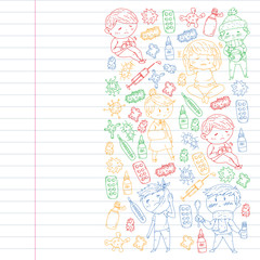 Vector pattern with little children. Illustration of Child diseases, flu, illness