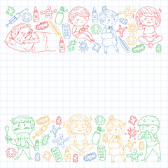Vector pattern with little children. Illustration of Child diseases, flu, illness