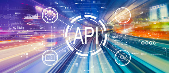 API - application programming interface concept API concept with abstract high speed technology POV...