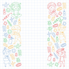 Vector pattern with little children. Illustration of Child diseases, flu, illness