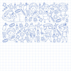 Vector pattern with little children. Illustration of Child diseases, flu, illness