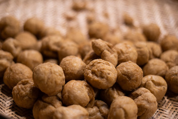 Fried meatballs waiting to be served, selective focus at street food
