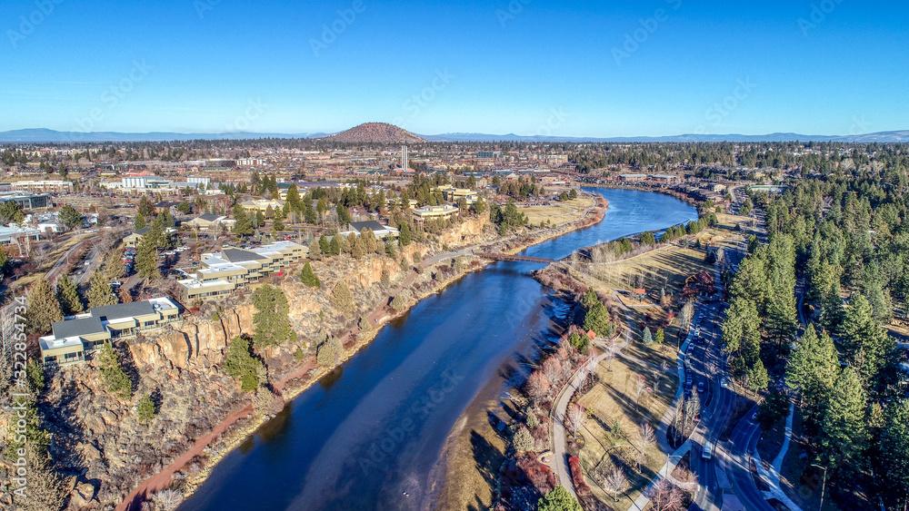 Wall mural Aerial View of Deschutes River by drone in Bend, Oregon