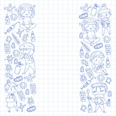 Vector pattern with little children. Illustration of Child diseases, flu, illness