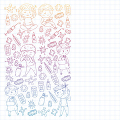Vector pattern with little children. Illustration of Child diseases, flu, illness