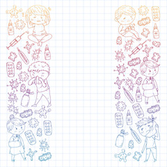 Vector pattern with little children. Illustration of Child diseases, flu, illness