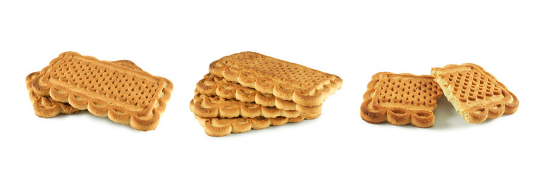 Shortbread cookies with peanuts, whole two pieces, a few in pile and broken, set isolated on white background