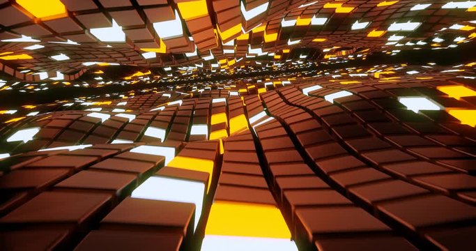 Flying through a field of moving waves of cubes. Seamless loopback.