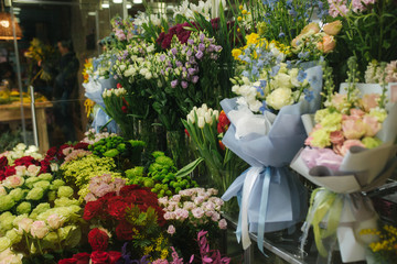 Different varieties fresh spring flowers in refrigerator room for flowers. Beautiful flowers in...