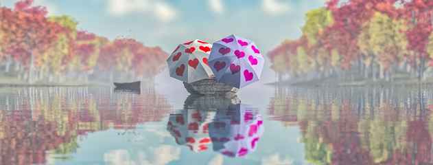 umbrellas with drawings of hearts in a boat floating on a lake