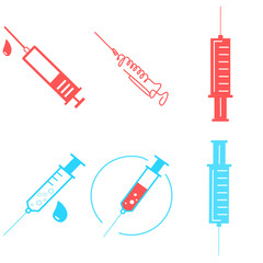 Set of medical syringe, hypodermic needle, Inject needle concept of vaccination, injection. Trendy flat style. vector illustration. Drug dose business concept. Symbol web site design, logo, app, UI.
