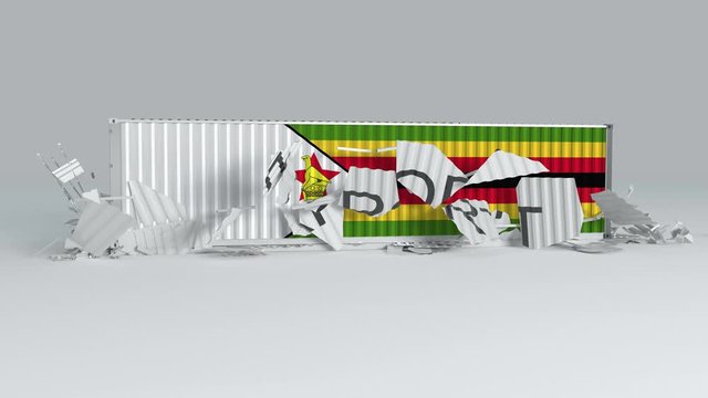 Zimbabwe container with the flag  falls on top of a container labeled EXPORT and breaks it