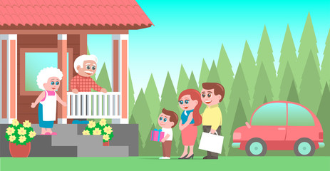 A family with a boy and gifts visit their grandparents. Arrived by car. An elderly couple joyfully greets guests on the porch of the house. Vector illustration.
