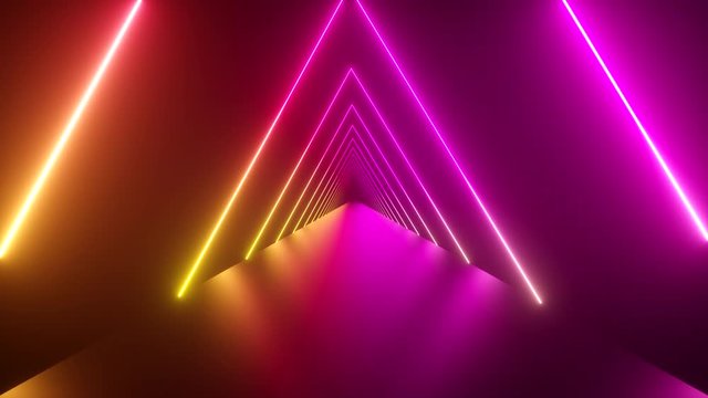 Flying through glowing rotating neon triangles creating a tunnel, blue red pink violet spectrum, fluorescent ultraviolet light, modern colorful lighting, 4k loop animation