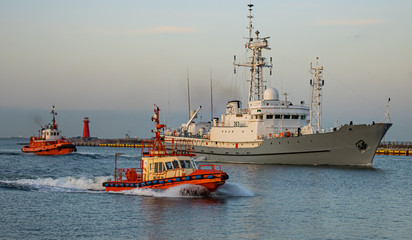 polish navy ship  near port gdansk 
