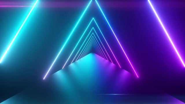 Flying through glowing rotating neon triangles creating a tunnel, blue purple pink violet spectrum, fluorescent ultraviolet light, modern colorful lighting, 4k seamless loop animation