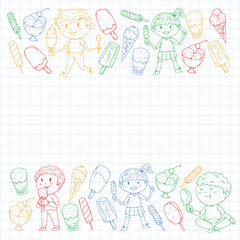 Little children eating ice cream. Summer vacation. Sweet fruit desert.