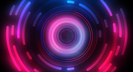 Dark abstract futuristic background. The geometric shape of the cyber circle in the middle of the scene. Neon blue-pink rays of light on a dark background