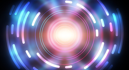 Dark abstract futuristic background. The geometric shape of the cyber circle in the middle of the scene. Neon blue-pink rays of light on a dark background