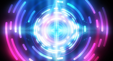 Dark abstract futuristic background. The geometric shape of the cyber circle in the middle of the scene. Neon blue-pink rays of light on a dark background