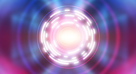 Dark abstract futuristic background. The geometric shape of the cyber circle in the middle of the scene. Neon blue-pink rays of light on a dark background