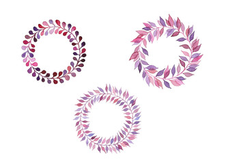 Watercolor set of pink wreaths grass leaves on white background