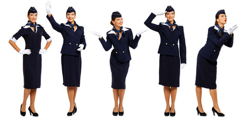 Collage - Young beautiful Russian stewardess in blue uniform