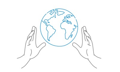 Hand drawn of hands and globe with a sprout. Save the planet concept.