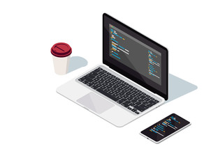 The workspace of a modern programmer. Laptop, smartphone and a cup of coffee in 3d. Isometric vector illustration. 