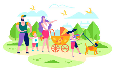 Obraz na płótnie Canvas Happy Family Summer Active Leisure, Outdoor Recreation Flat Vector Concept. Parents with Preschooler Son and Daughter, Walking with Baby Carriage and Dog, Eating Ice-Cream in City Park Illustration.