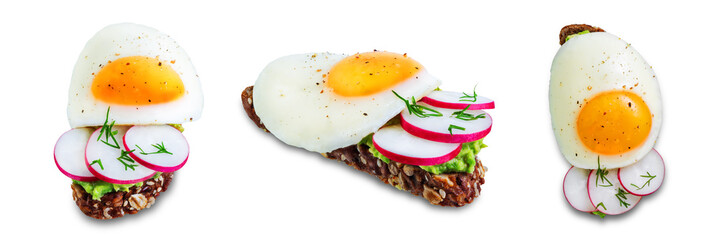 Radish avocado egg rye sandwiches on a white isolated background