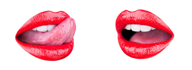 Isolated lip, sensual lips. Mouth, sexy tongue. Beautiful red lip, lipstick and lipgloss. Sexy...
