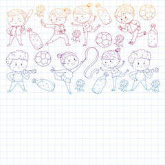 Children and sport. Vector illustration of activities. Football, soccer, running, dancing, martial arts. Health care in school and kindergarten.