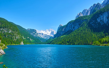 Naklejka na ściany i meble Beautiful Gosausee lake landscape with Dachstein mountains in Austrian Alps. Salzkammergut region.