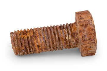 Rusty bolt closeup on a white background. Isolated on white background with natural shadow. With...